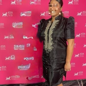 Elegant Black Filpiniana with Gold Embroidery and Butterfly Sleeves